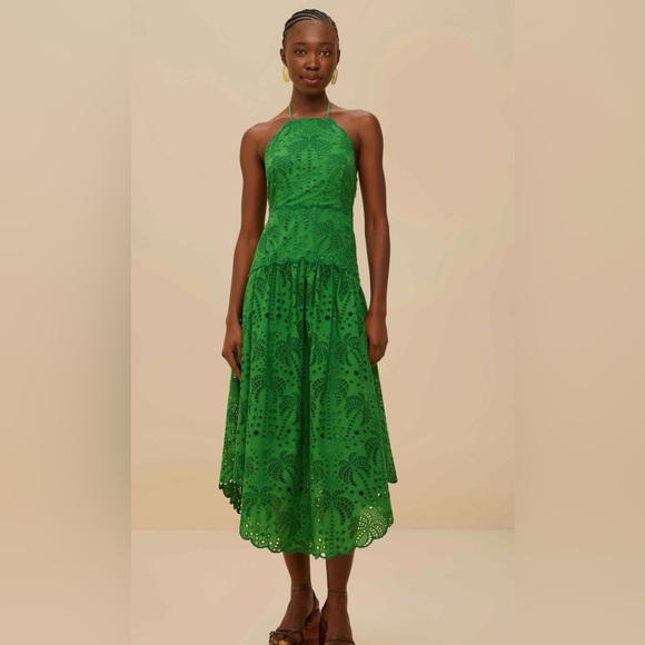 FARM Rio Dresses & Skirts - FARM Rio Green Eyelet Halter Midi Dress